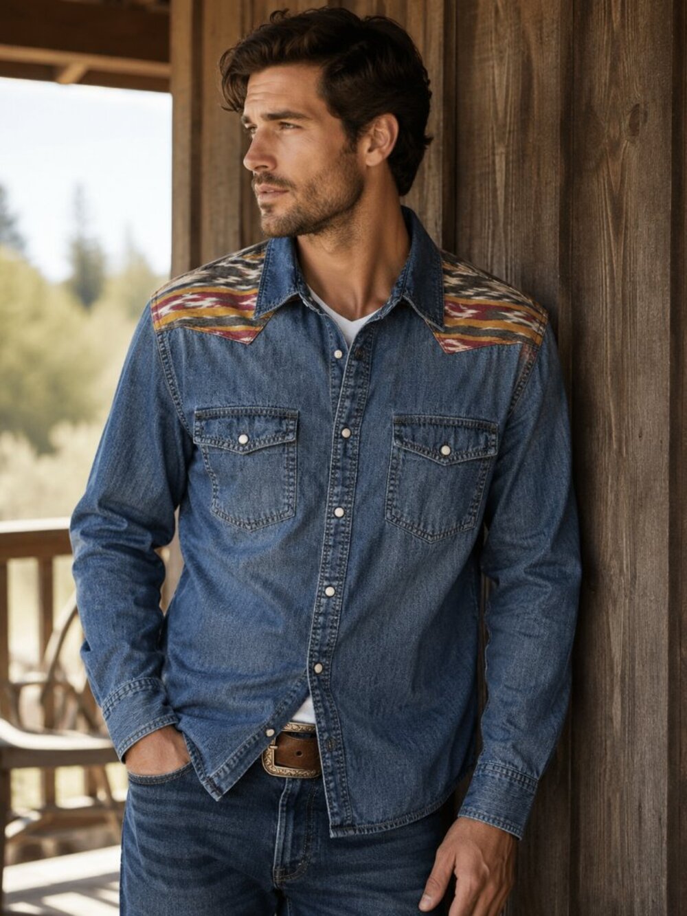 Arizona Jeans Western Denim Shirt Small Blue Aztec Yoke Pearl Snap Cowboy Cotton